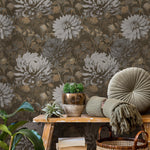 Floral Wallpaper featuring Vintage Chrysanthemums in Brown, Gray, and Beige - E298