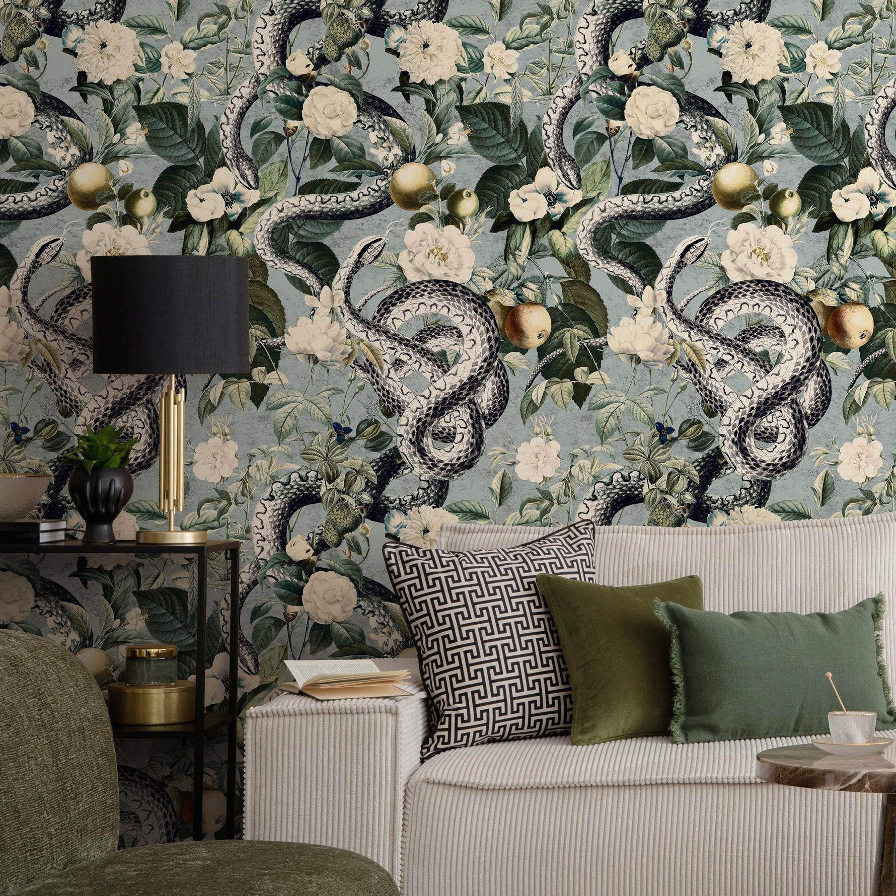 Botanical Wallpaper with a Serpent and Floral Motif in Blue, Green, and Black - E295