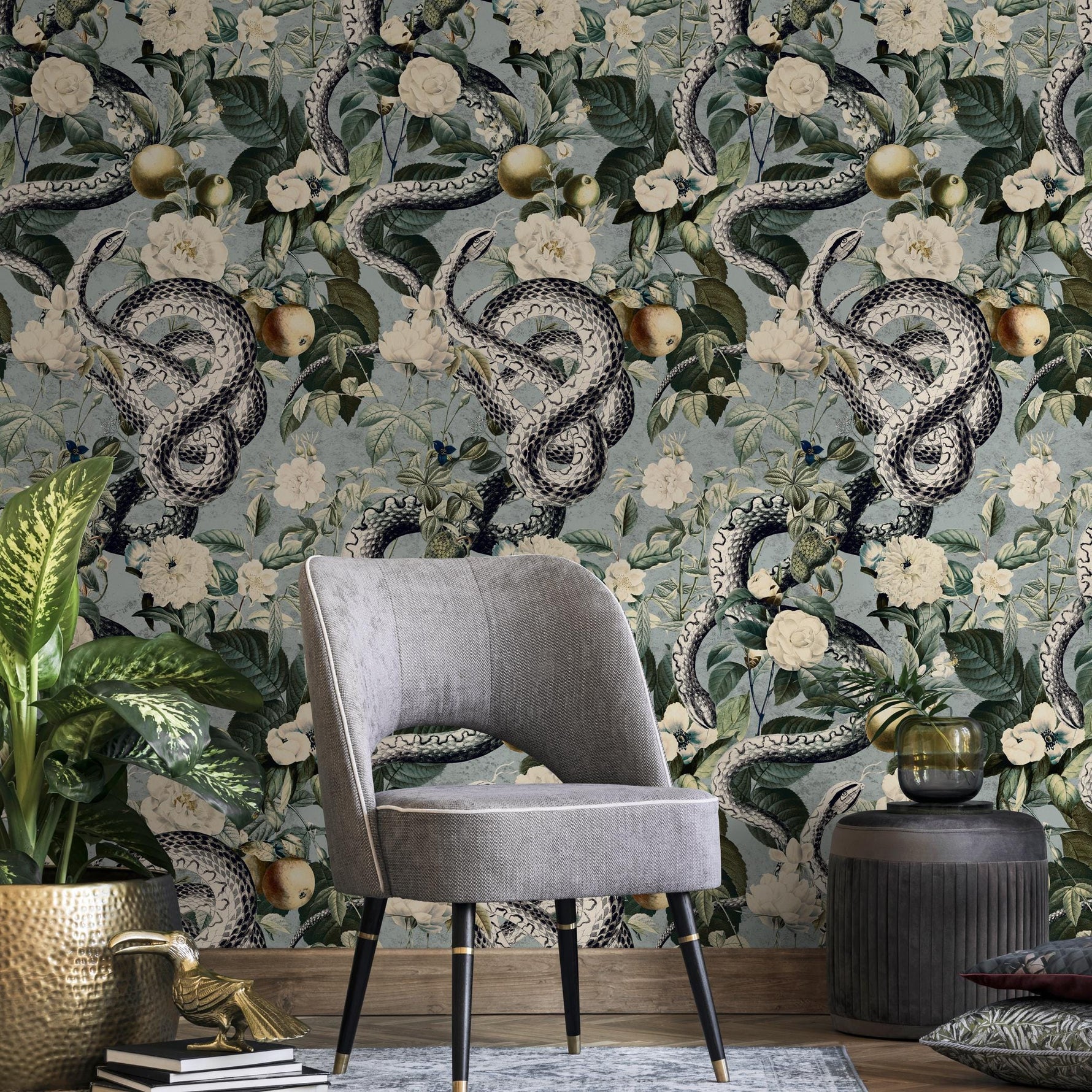 Botanical Wallpaper with a Serpent and Floral Motif in Blue, Green, and Black - E295