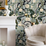 Botanical Wallpaper with a Serpent and Floral Motif in Blue, Green, and Black - E295