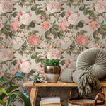 Floral Wallpaper with a Vintage Rose Motif in Pink, Green, and Beige - E301