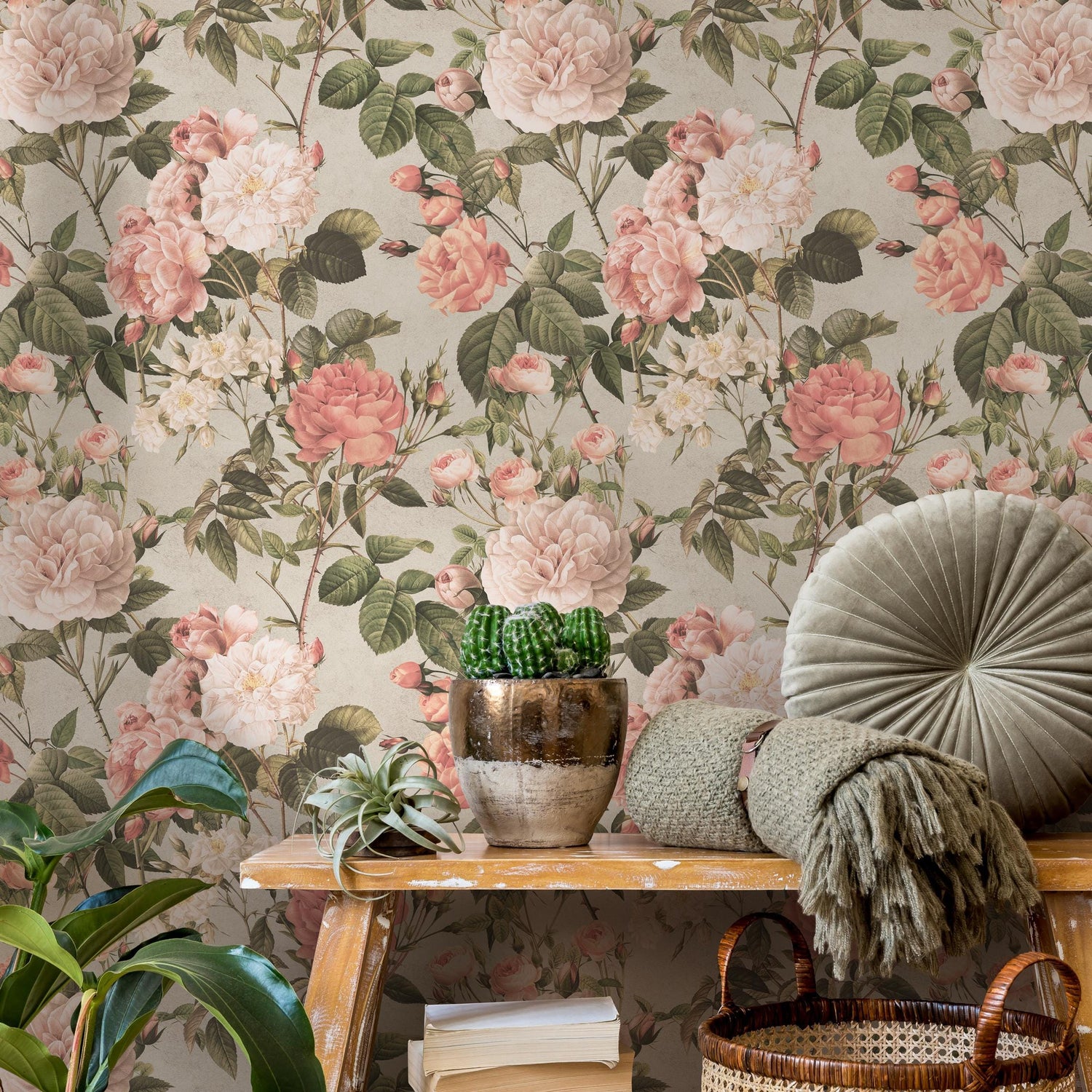 Floral Wallpaper with a Vintage Rose Motif in Pink, Green, and Beige - E301
