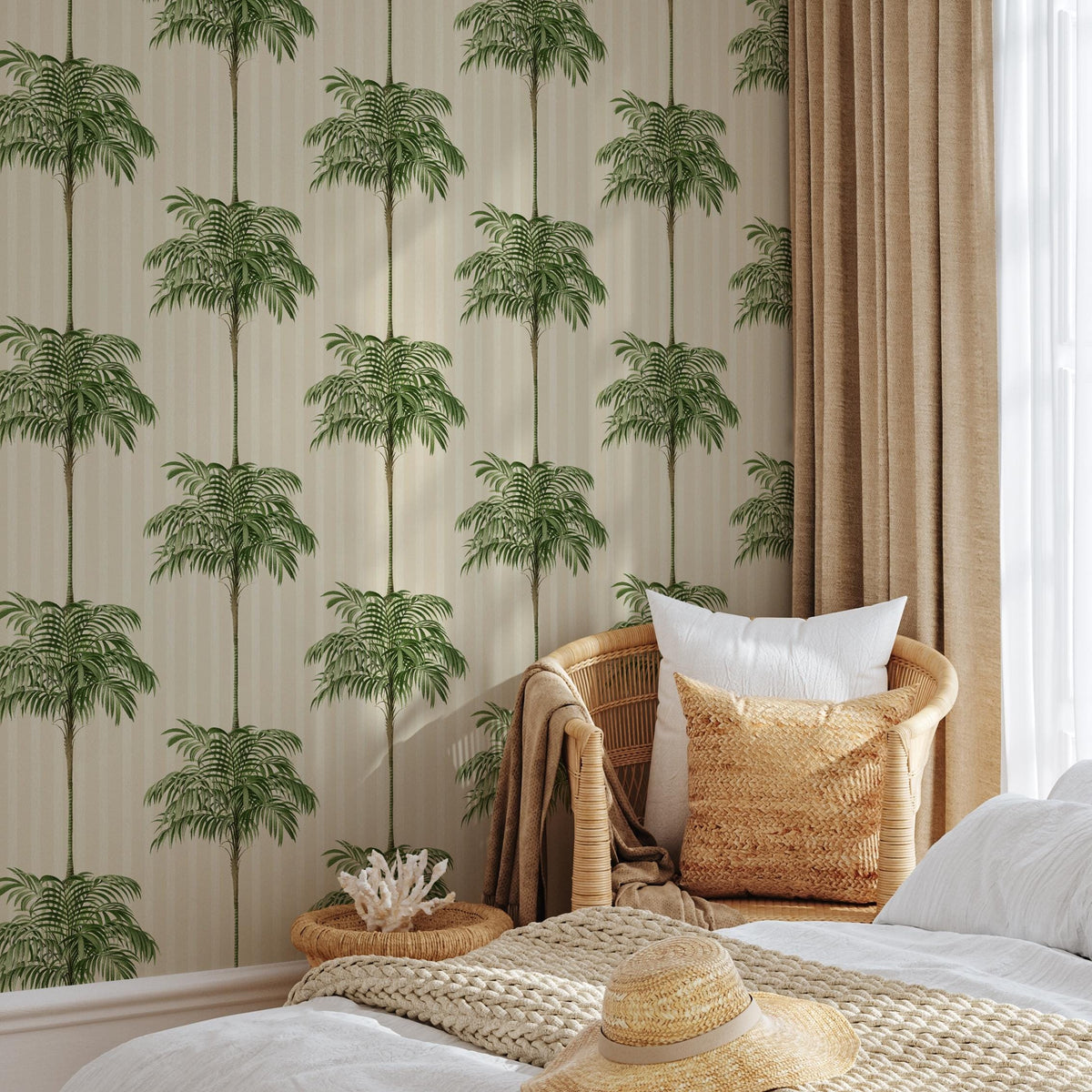 Botanical Wallpaper Featuring a Vintage Palm Tree Pattern in Green and Beige - E308