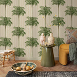 Botanical Wallpaper Featuring a Vintage Palm Tree Pattern in Green and Beige - E308
