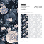 Floral Wallpaper Featuring Vintage Roses in Dark Blue and White - E303