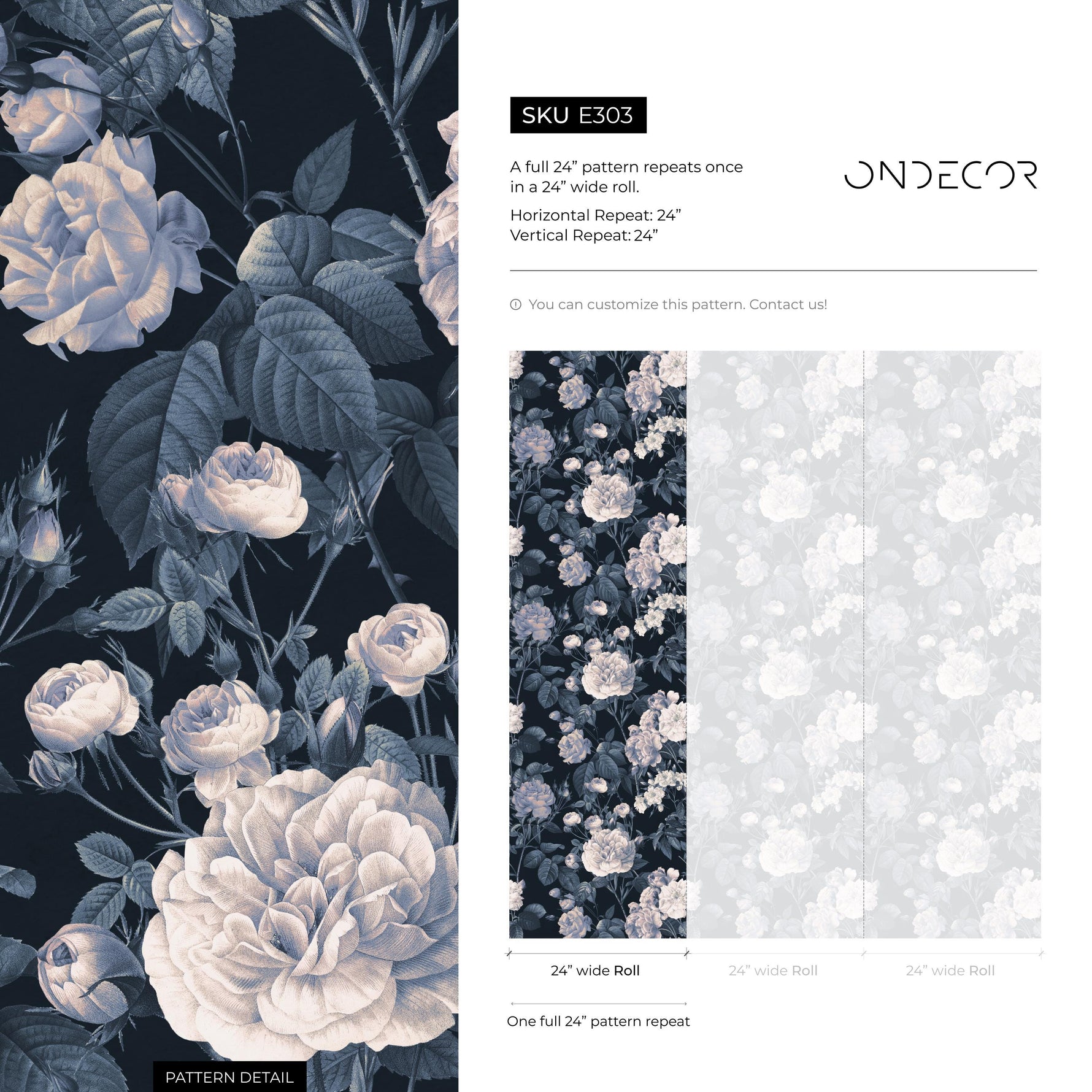 Floral Wallpaper Featuring Vintage Roses in Dark Blue and White - E303