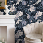Floral Wallpaper Featuring Vintage Roses in Dark Blue and White - E303