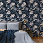 Floral Wallpaper Featuring Vintage Roses in Dark Blue and White - E303
