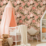 Floral Wallpaper with Vintage Roses and Peonies in Pink and Green - E304