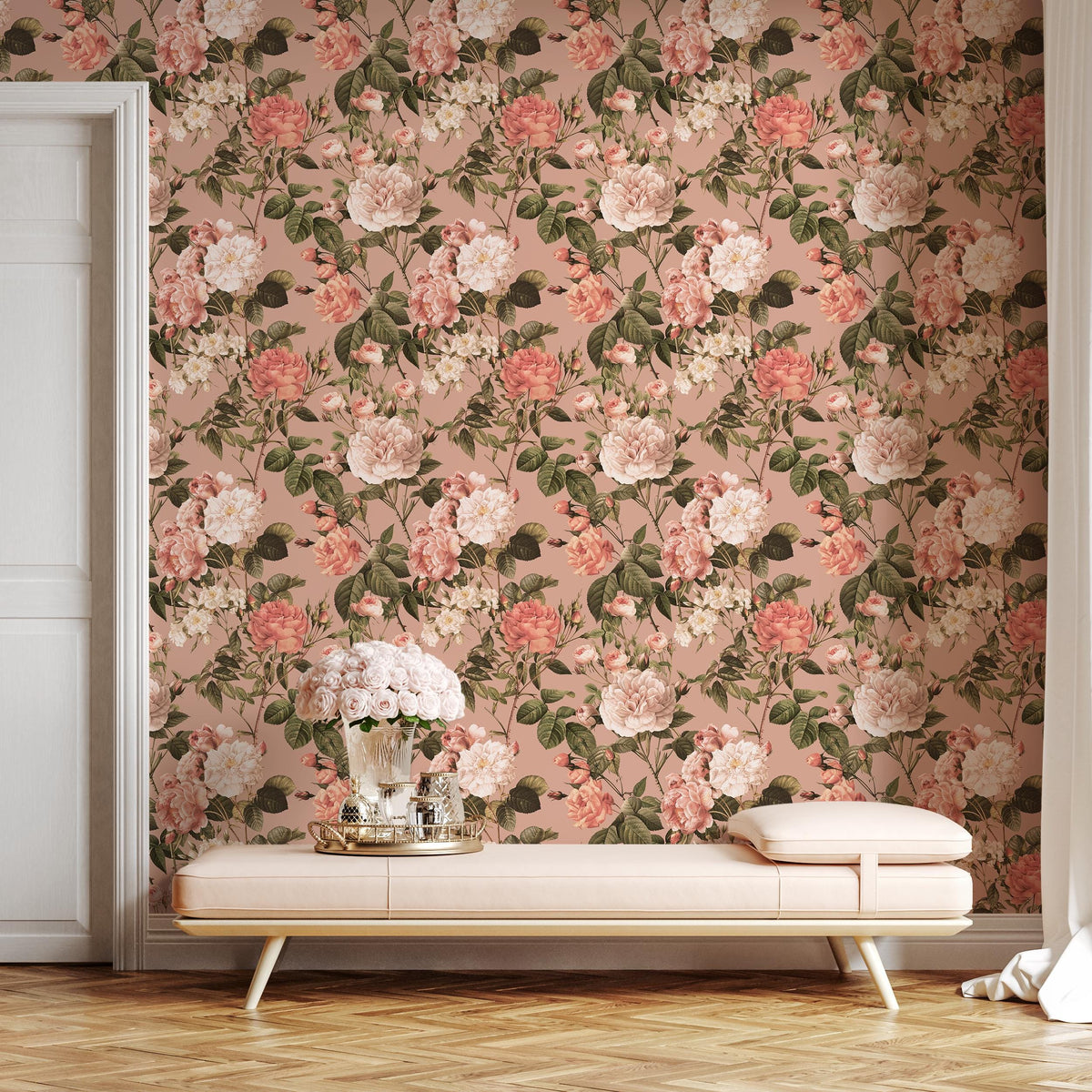 Floral Wallpaper with Vintage Roses and Peonies in Pink and Green - E304