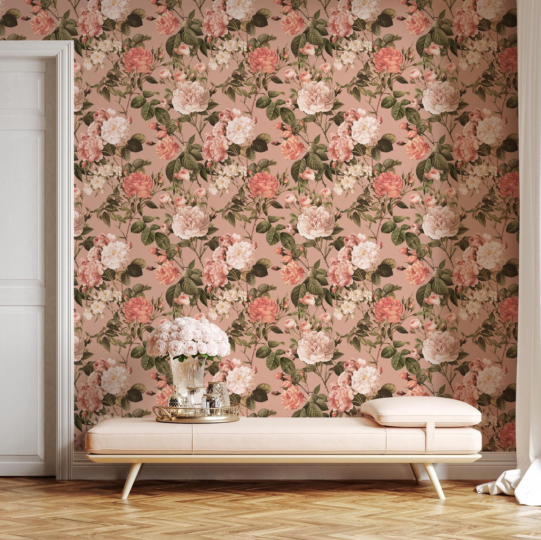 Floral Wallpaper with Vintage Roses and Peonies in Pink and Green - E304