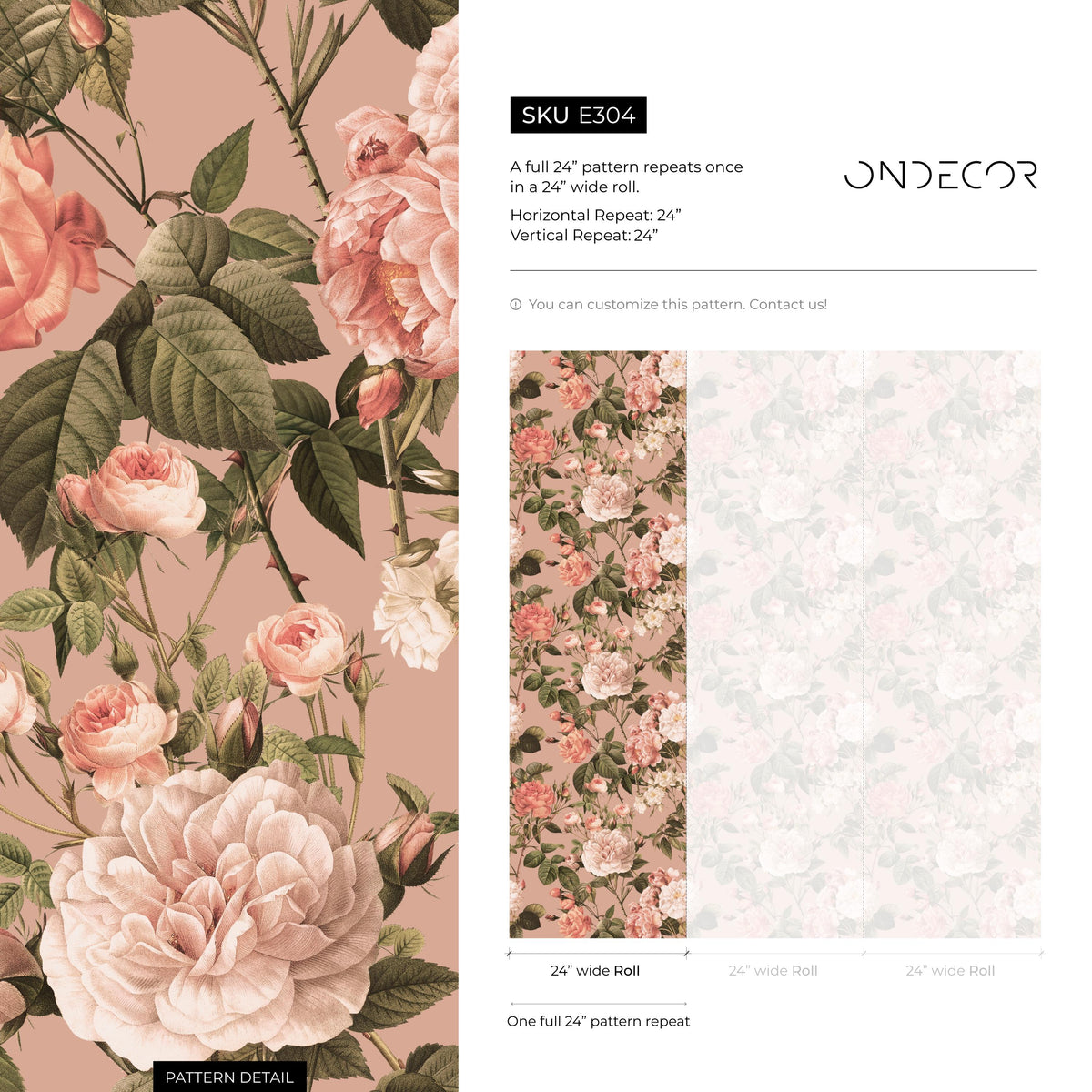 Floral Wallpaper with Vintage Roses and Peonies in Pink and Green - E304