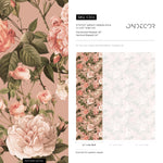 Floral Wallpaper with Vintage Roses and Peonies in Pink and Green - E304