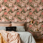 Floral Wallpaper with Vintage Roses and Peonies in Pink and Green - E304