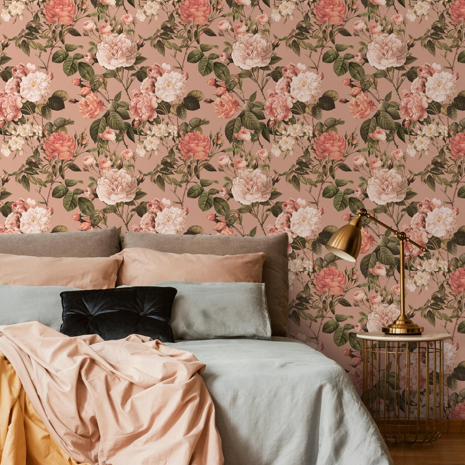 Floral Wallpaper with Vintage Roses and Peonies in Pink and Green - E304