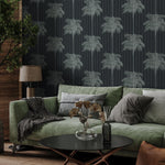 Botanical Wallpaper with a Striped Palm Tree Motif in Black and Gray - E307