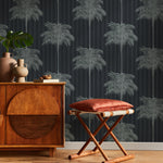 Botanical Wallpaper with a Striped Palm Tree Motif in Black and Gray - E307