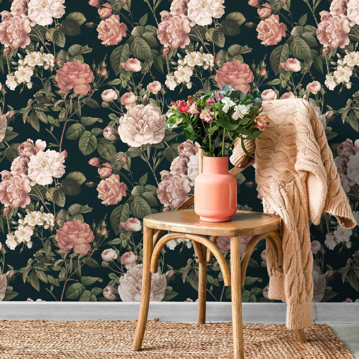 Floral Wallpaper with Vintage Roses in Dark Green, Pink, and White - E302