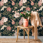 Floral Wallpaper with Vintage Roses in Dark Green, Pink, and White - E302