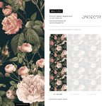 Floral Wallpaper with Vintage Roses in Dark Green, Pink, and White - E302