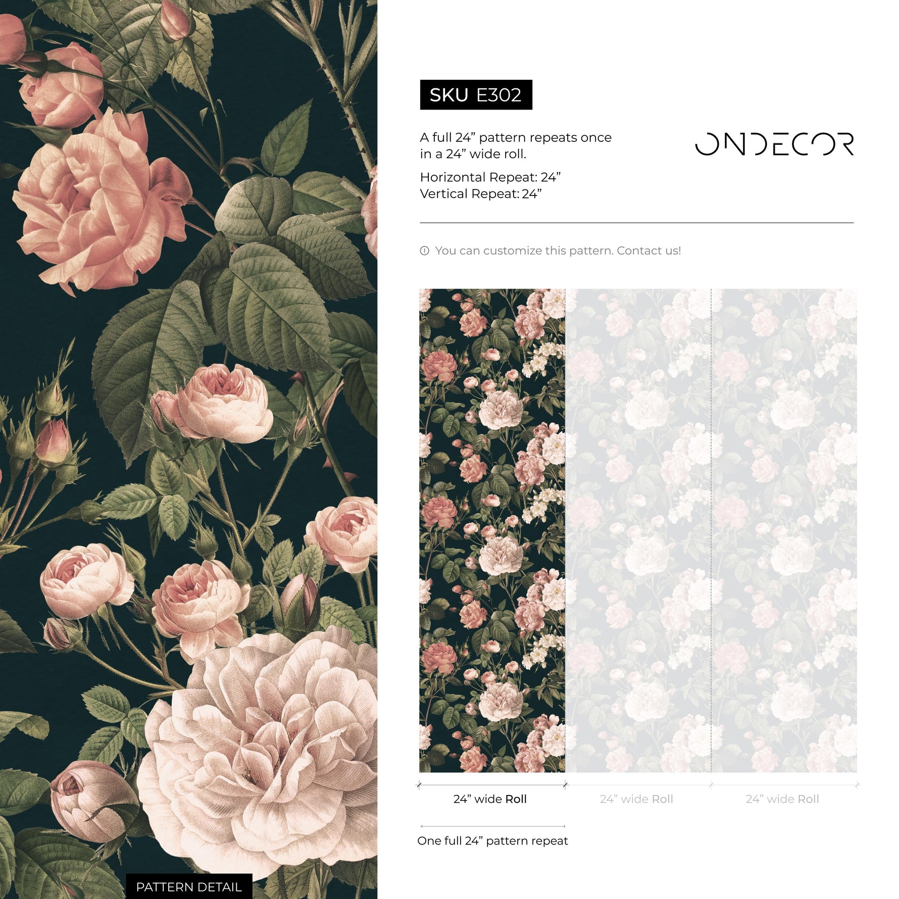 Floral Wallpaper with Vintage Roses in Dark Green, Pink, and White - E302