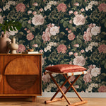 Floral Wallpaper with Vintage Roses in Dark Green, Pink, and White - E302