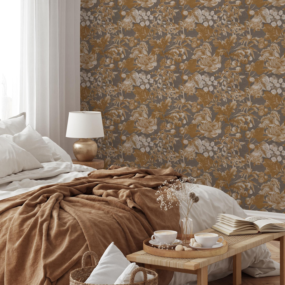 Botanical Wallpaper with a Vintage Floral Motif in Gold, Beige, and Gray - E281