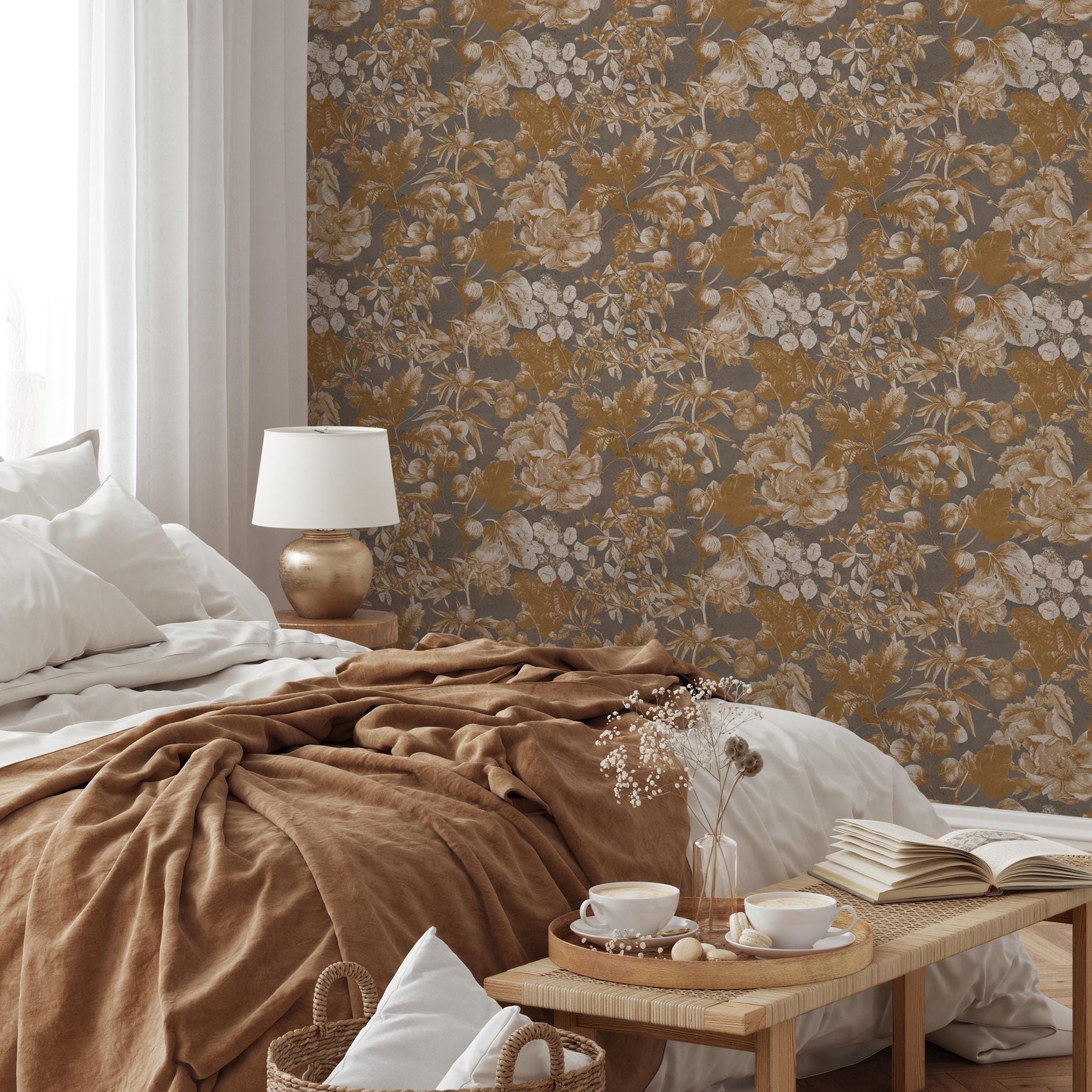 Botanical Wallpaper with a Vintage Floral Motif in Gold, Beige, and Gray - E281