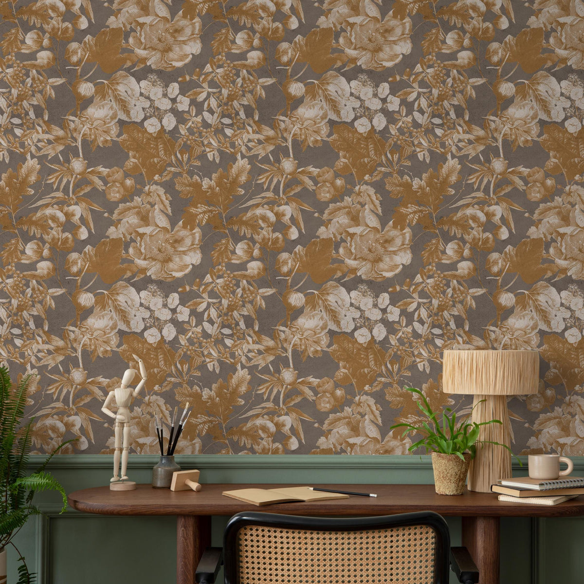 Botanical Wallpaper with a Vintage Floral Motif in Gold, Beige, and Gray - E281