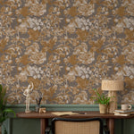 Botanical Wallpaper with a Vintage Floral Motif in Gold, Beige, and Gray - E281