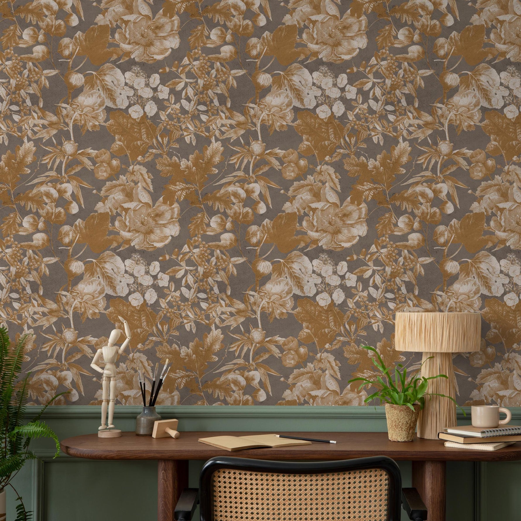 Botanical Wallpaper with a Vintage Floral Motif in Gold, Beige, and Gray - E281
