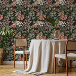 Floral Wallpaper Featuring Vintage Peonies and Berries in Pink, Red, and Green - E282