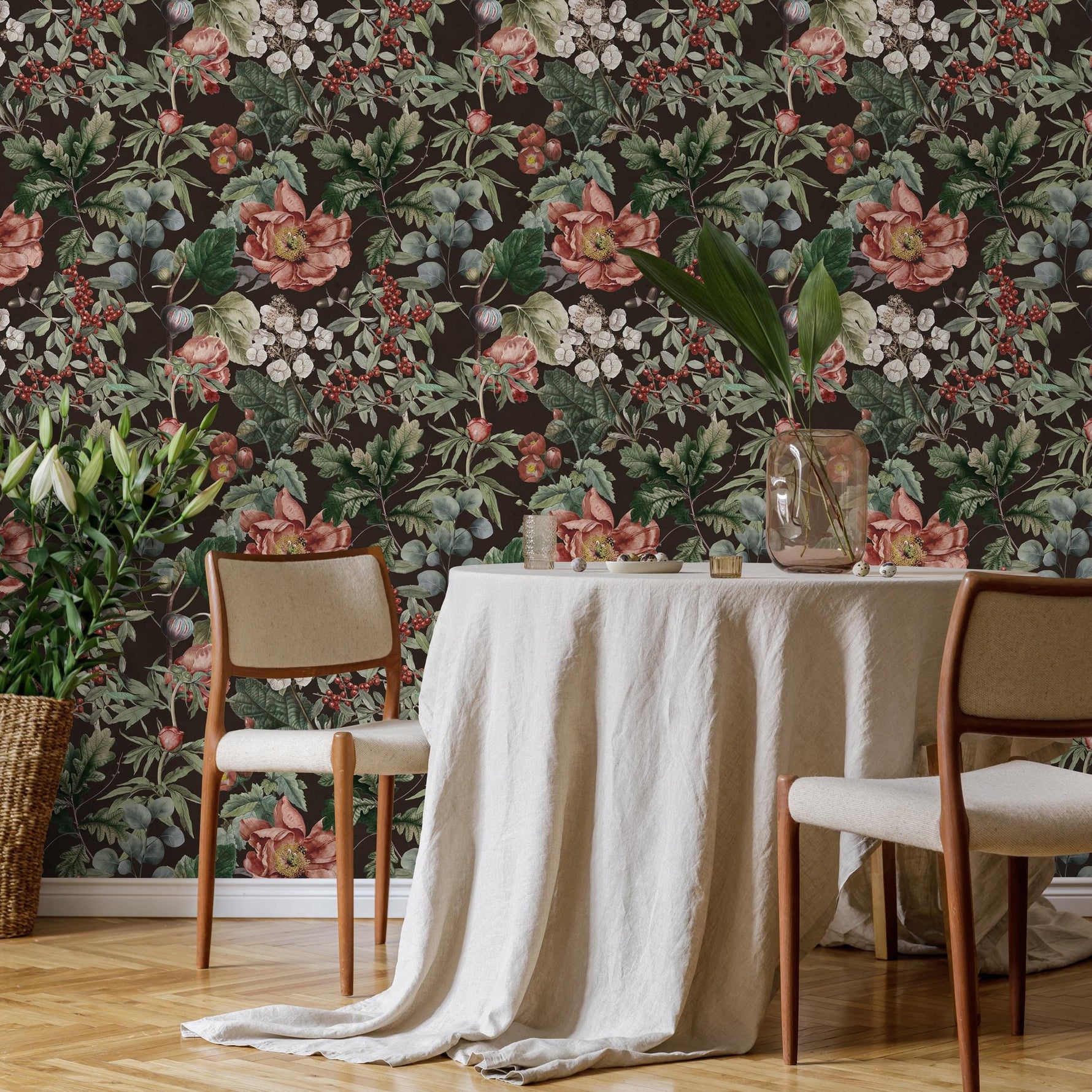 Floral Wallpaper Featuring Vintage Peonies and Berries in Pink, Red, and Green - E282