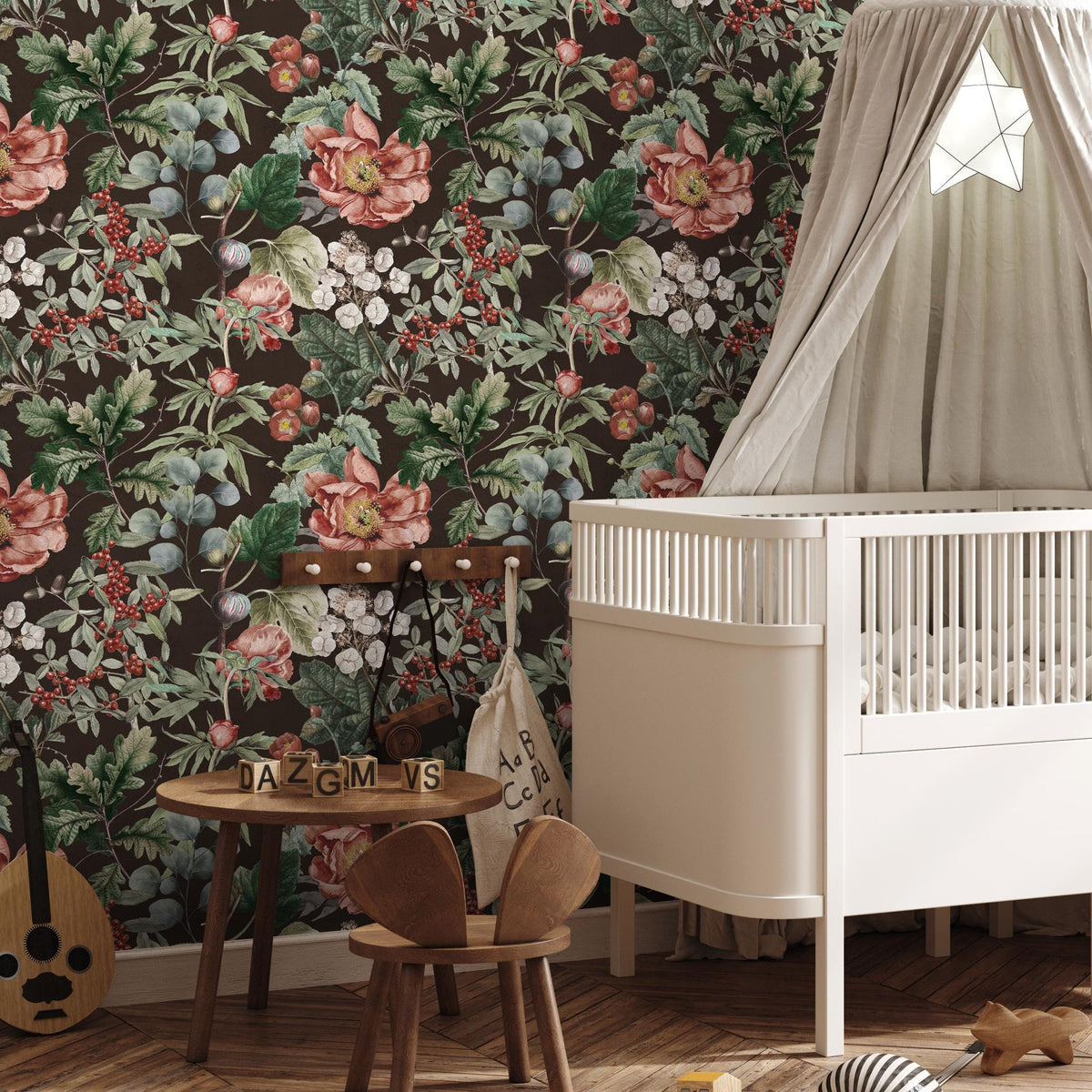 Floral Wallpaper Featuring Vintage Peonies and Berries in Pink, Red, and Green - E282