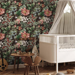 Floral Wallpaper Featuring Vintage Peonies and Berries in Pink, Red, and Green - E282