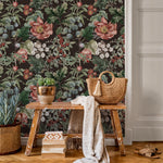 Floral Wallpaper Featuring Vintage Peonies and Berries in Pink, Red, and Green - E282