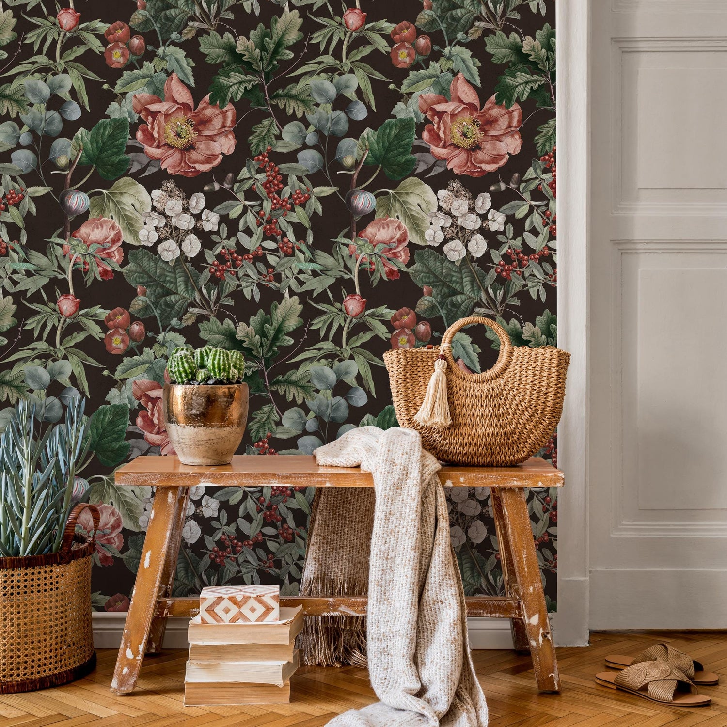 Floral Wallpaper Featuring Vintage Peonies and Berries in Pink, Red, and Green - E282