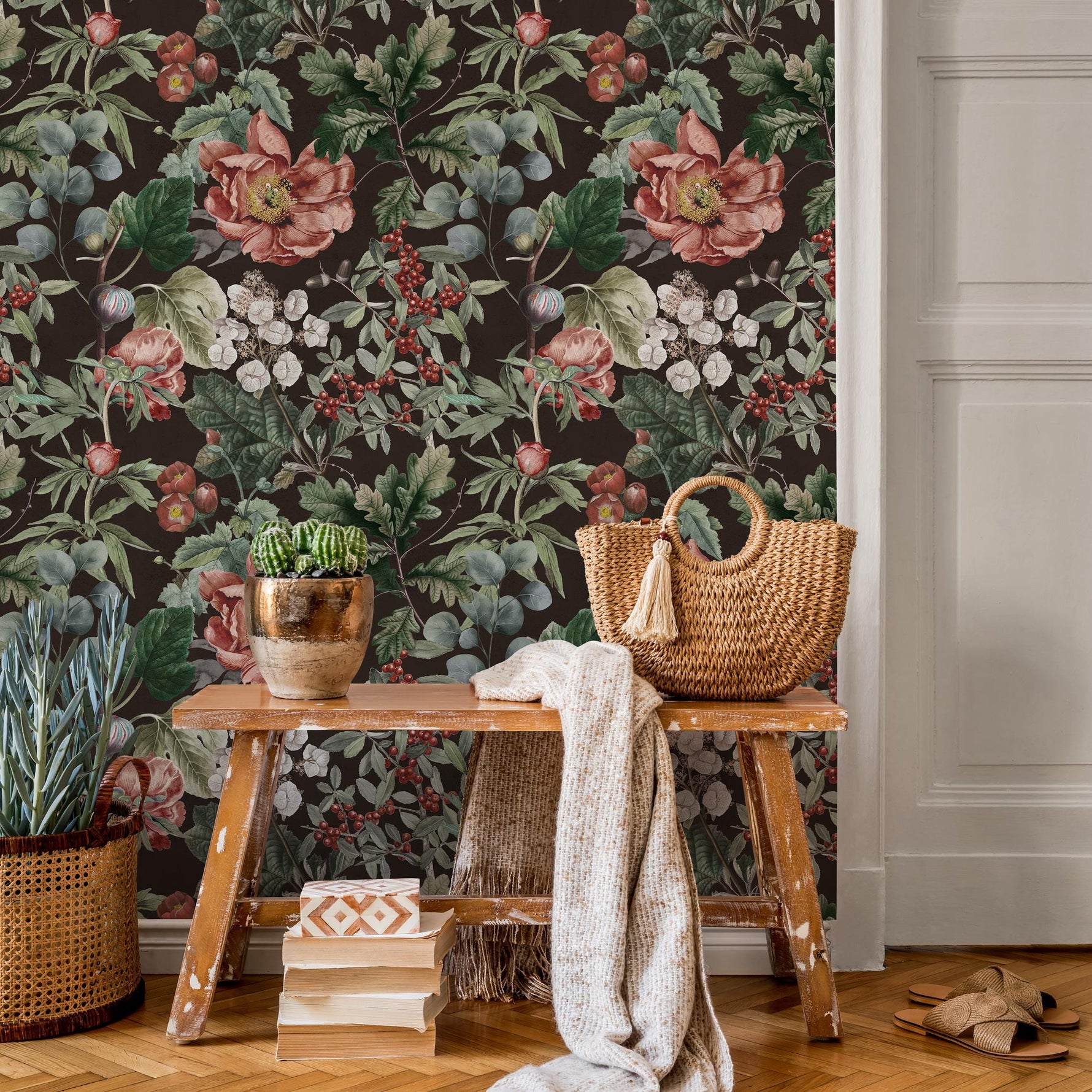 Floral Wallpaper Featuring Vintage Peonies and Berries in Pink, Red, and Green - E282
