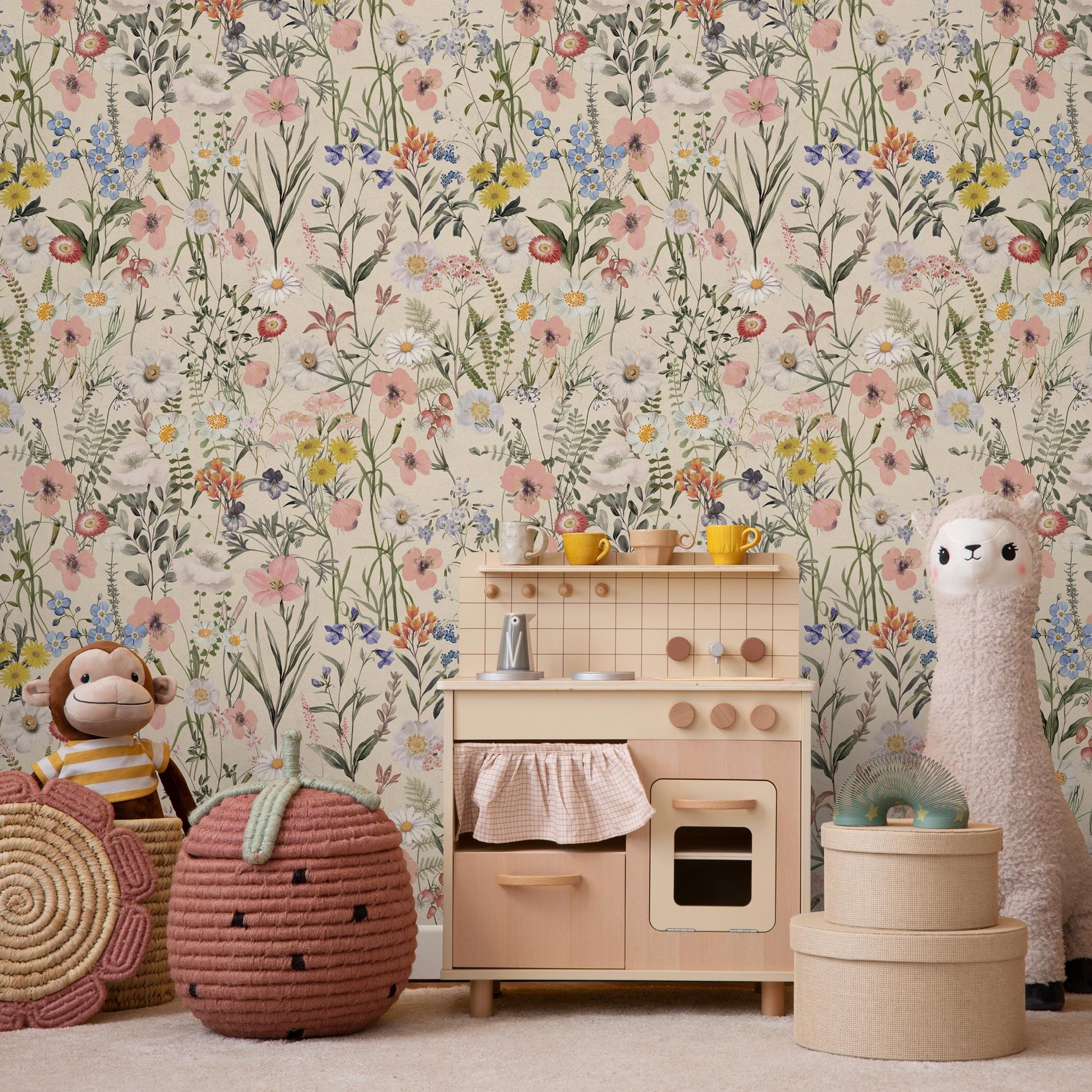 Wildflower Wallpaper with a Vintage Meadow Motif in Pink, Blue, and Yellow - E286