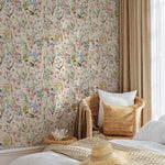 Wildflower Wallpaper with a Vintage Meadow Motif in Pink, Blue, and Yellow - E286