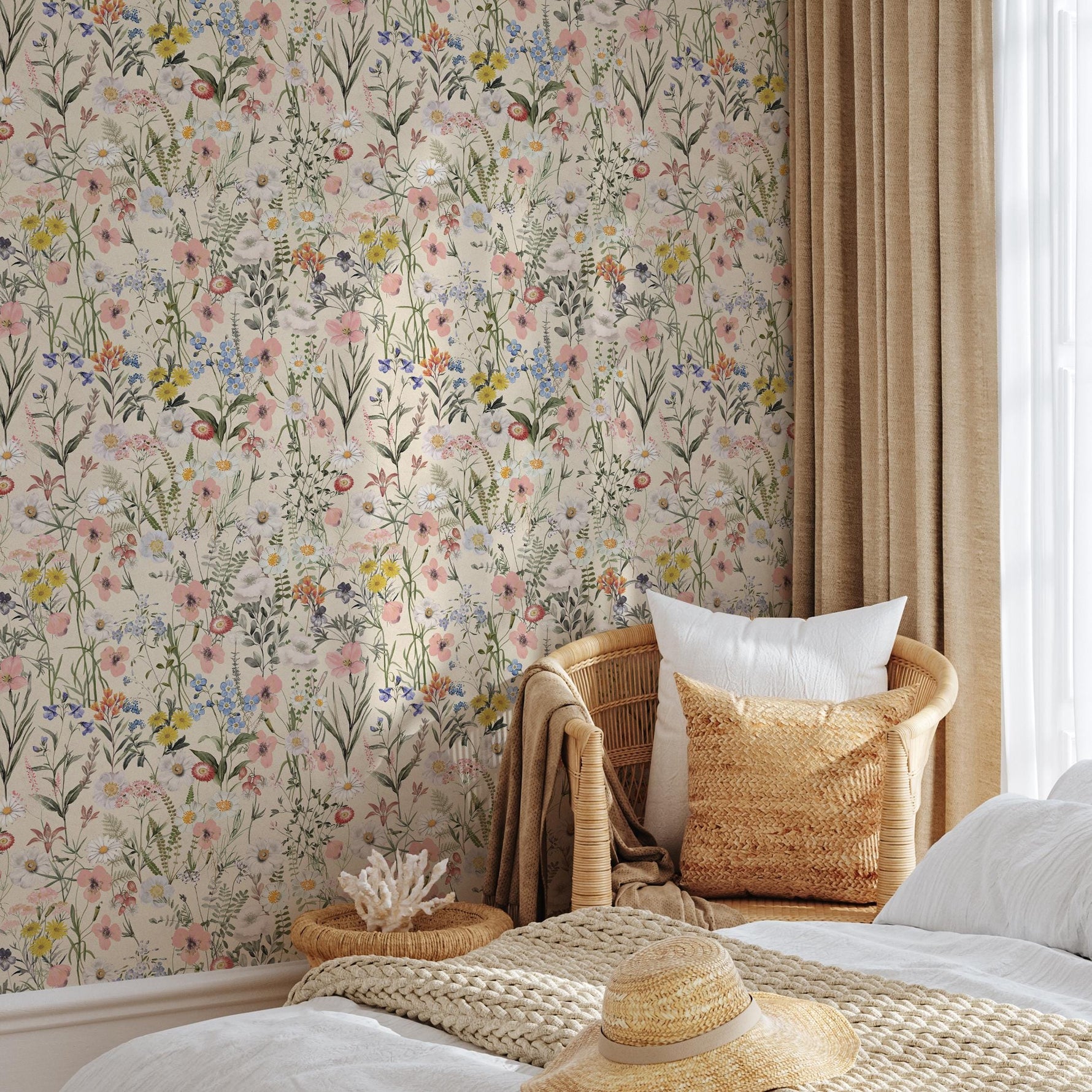 Wildflower Wallpaper with a Vintage Meadow Motif in Pink, Blue, and Yellow - E286