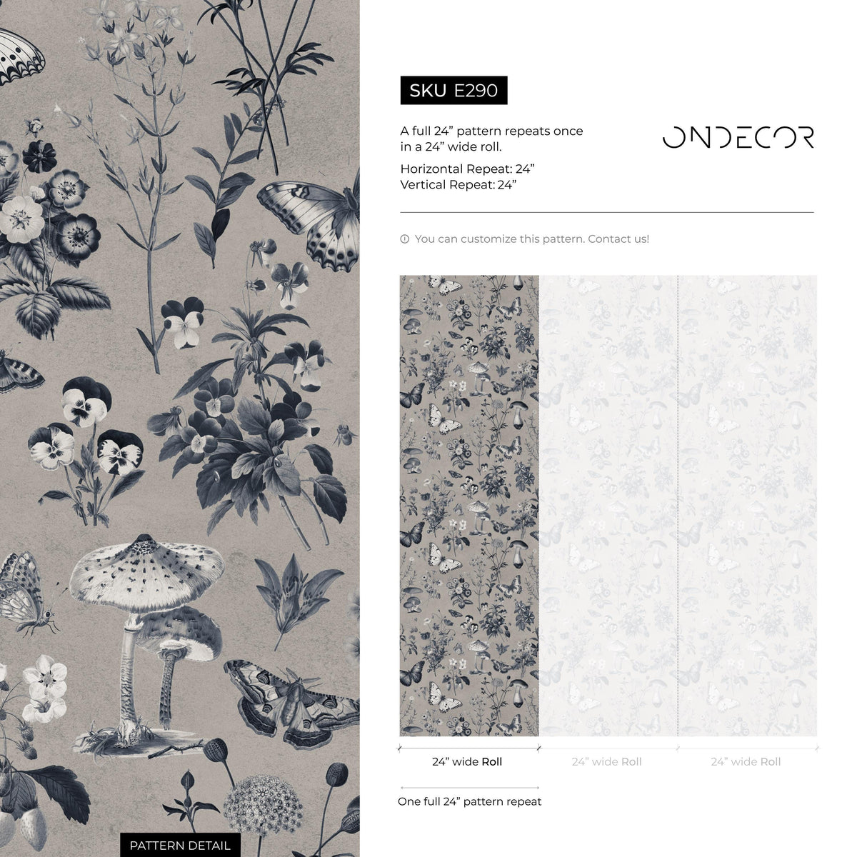 Botanical Wallpaper with Butterflies and Mushrooms in Taupe, Dark Blue, and White - E290
