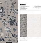Botanical Wallpaper with Butterflies and Mushrooms in Taupe, Dark Blue, and White - E290