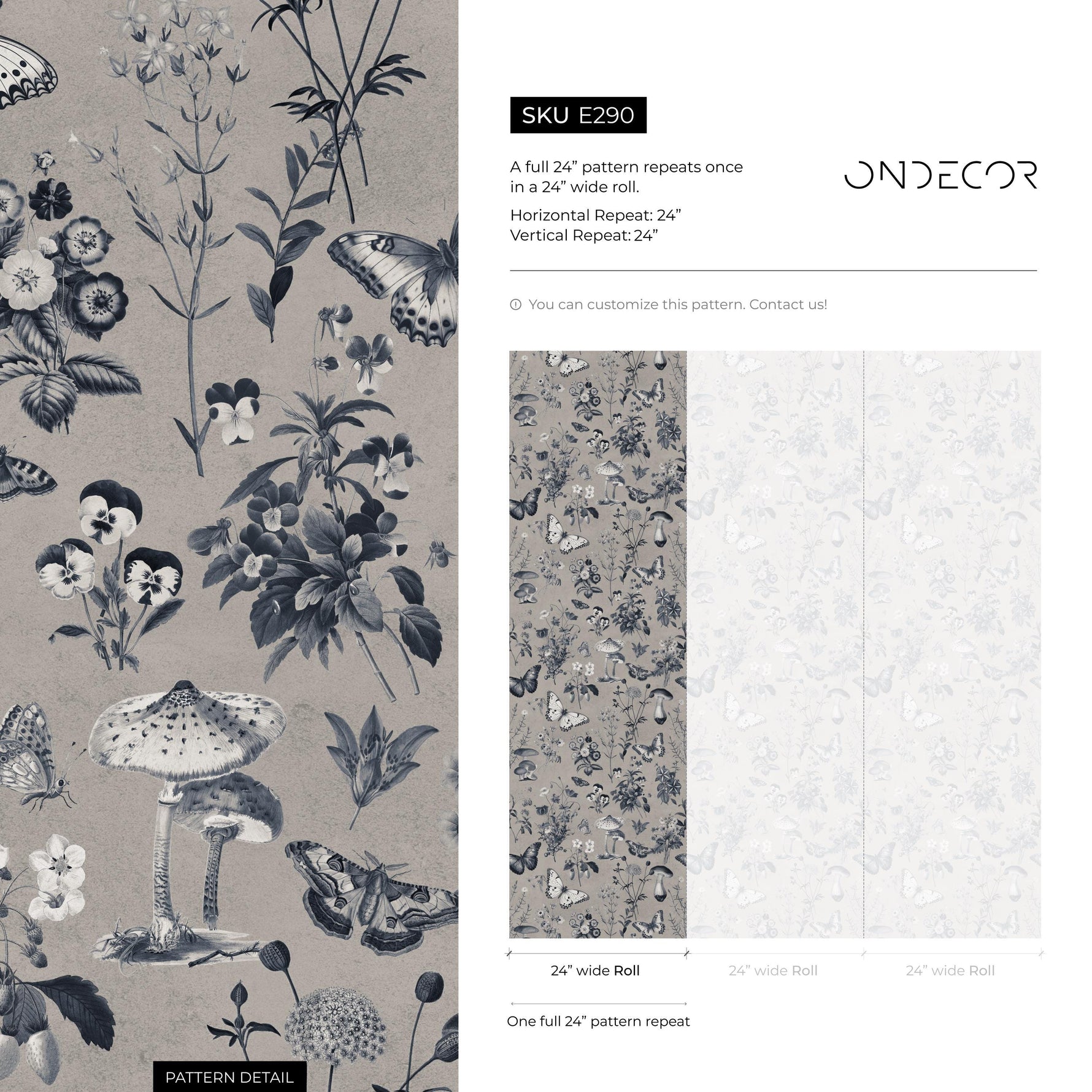 Botanical Wallpaper with Butterflies and Mushrooms in Taupe, Dark Blue, and White - E290