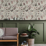 Botanical Wallpaper with Butterflies and Mushrooms in Green, Pink, and Black - E291