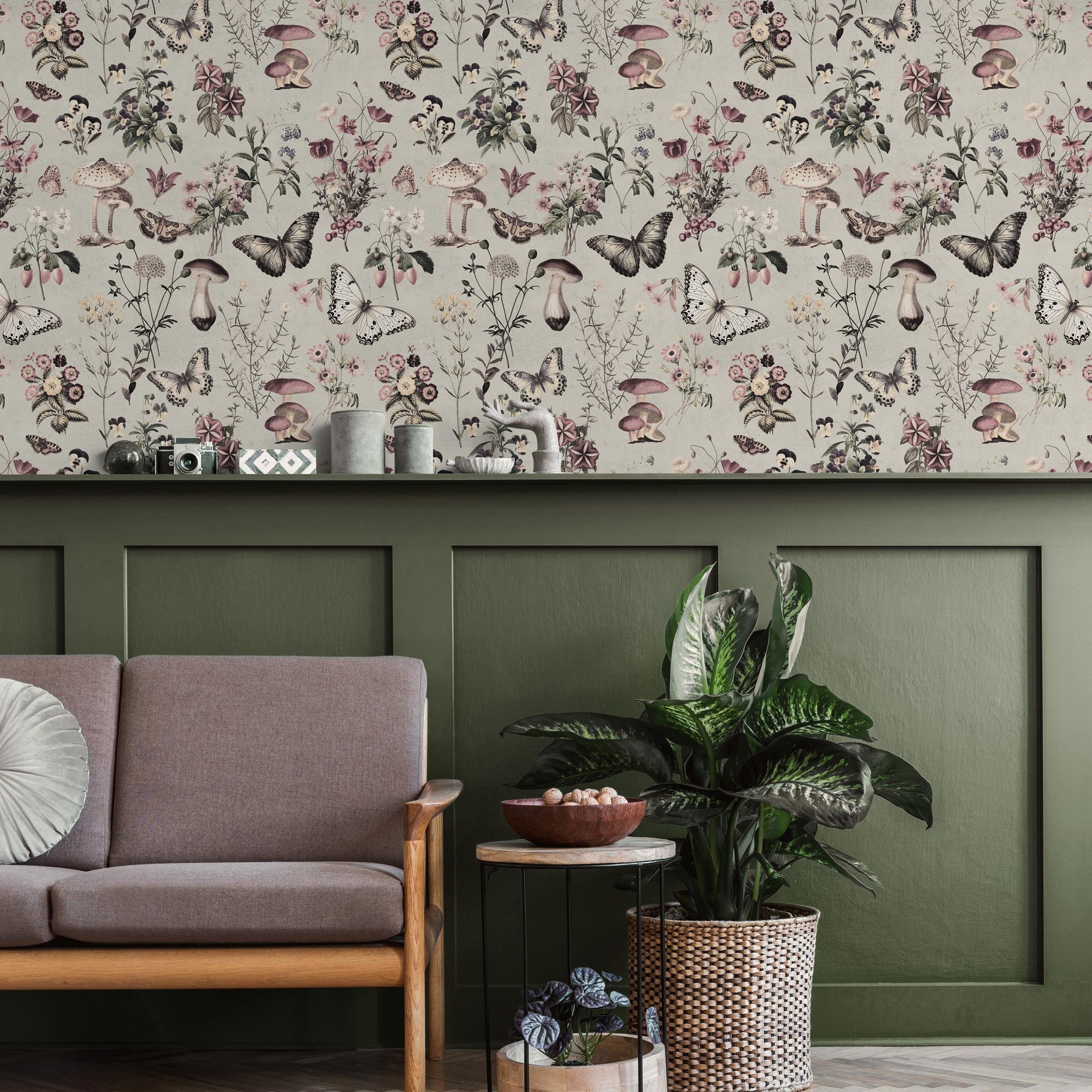 Botanical Wallpaper with Butterflies and Mushrooms in Green, Pink, and Black - E291