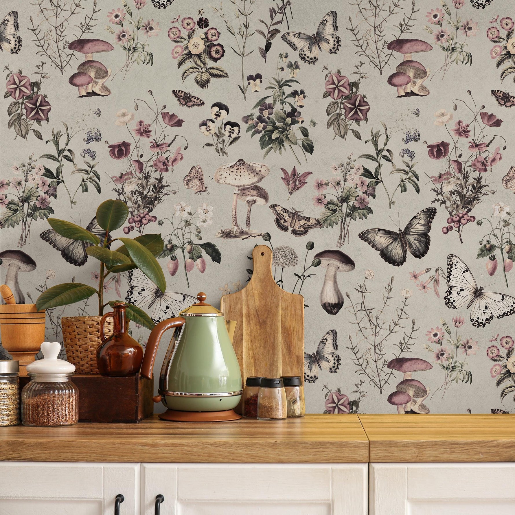Botanical Wallpaper with Butterflies and Mushrooms in Green, Pink, and Black - E291