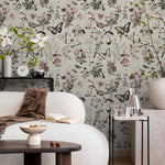Botanical Wallpaper with Butterflies and Mushrooms in Green, Pink, and Black - E291