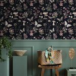 Botanical Wallpaper with Butterflies and Mushrooms in Black, Beige, and Mauve - E293