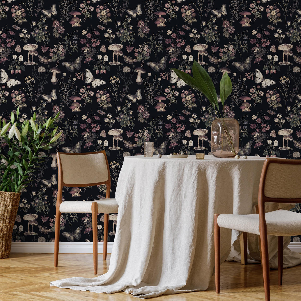 Botanical Wallpaper with Butterflies and Mushrooms in Black, Beige, and Mauve - E293